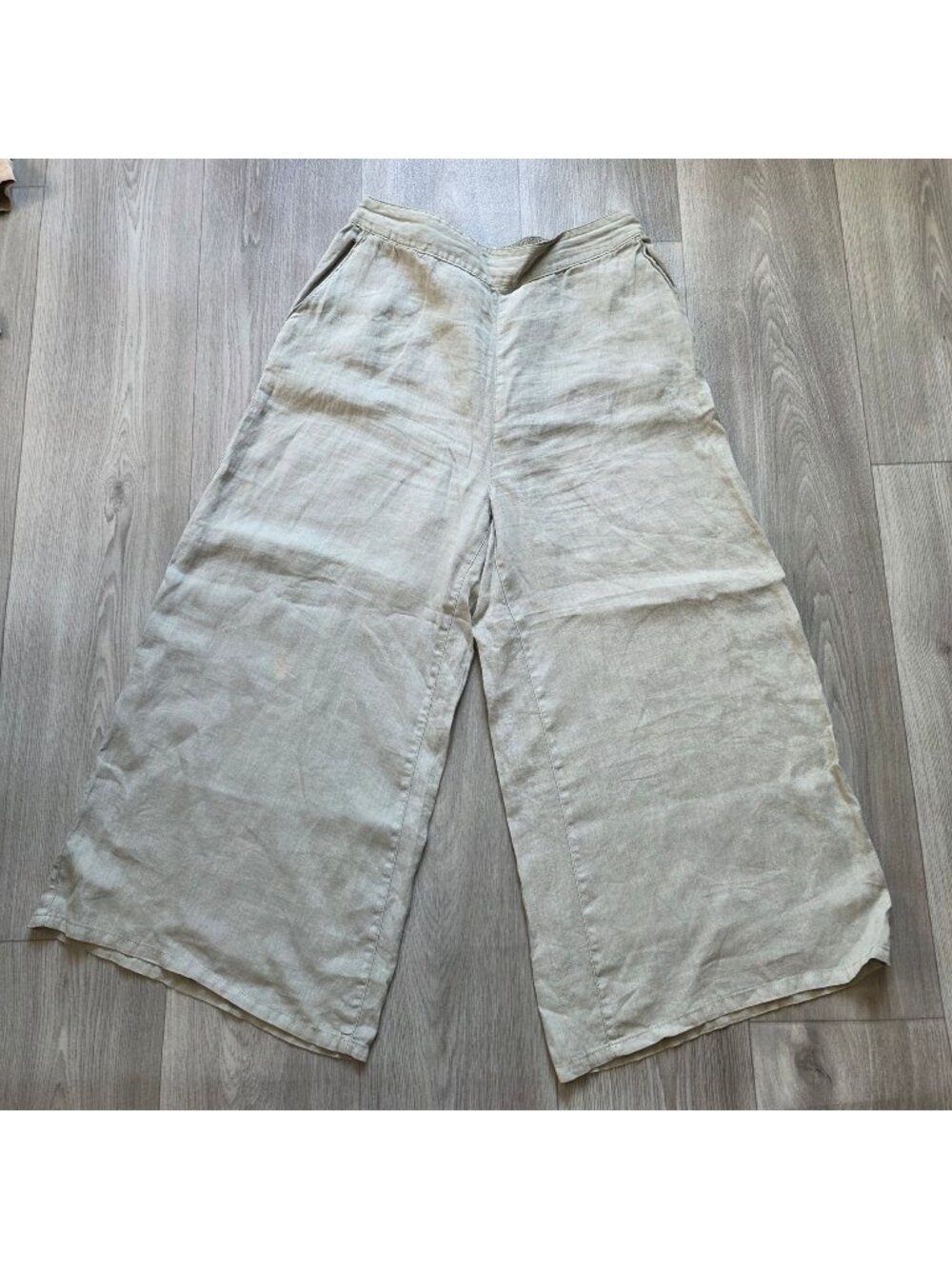 Nicole Miller Womens Wide Leg Linen Pants Large Beige Elastic Waist